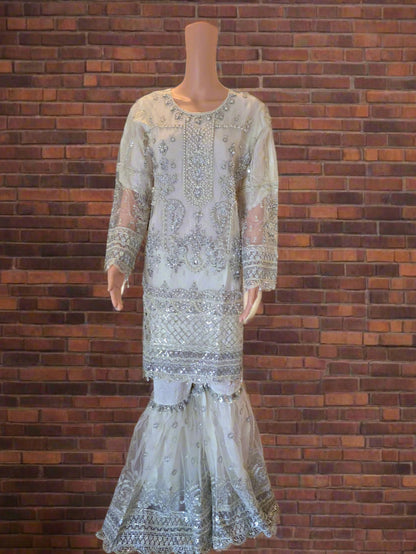 White Heavy Handworked Gharara 3-Piece