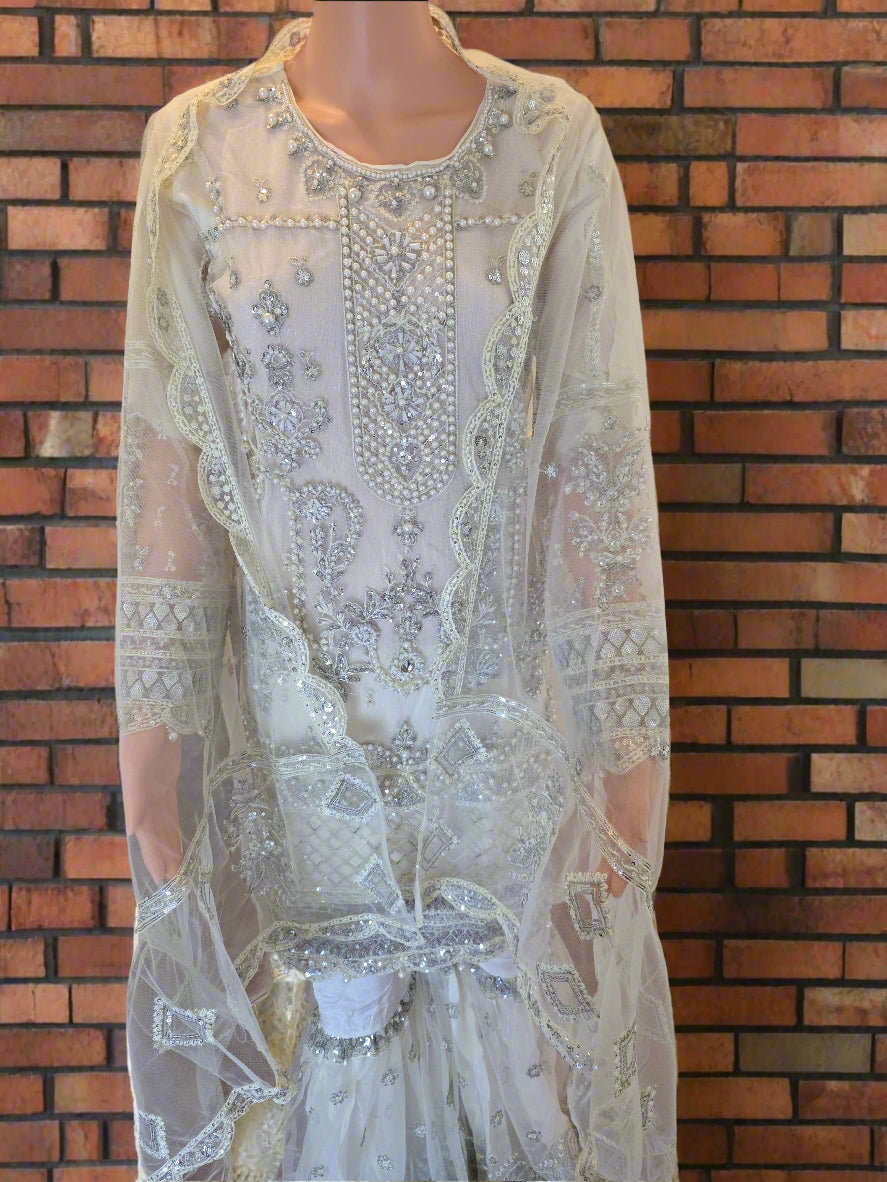 White Heavy Handworked Gharara 3-Piece