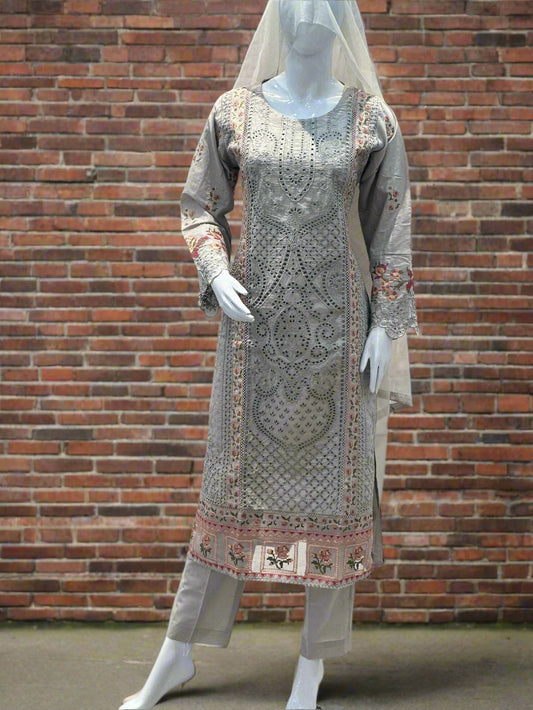 Elegant Grey Embroidered 3-Piece Dress