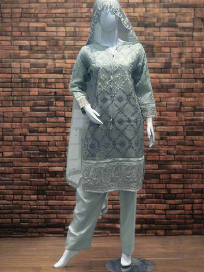 Greyish Green Embroidered Mirror Work Suit 3-Piece