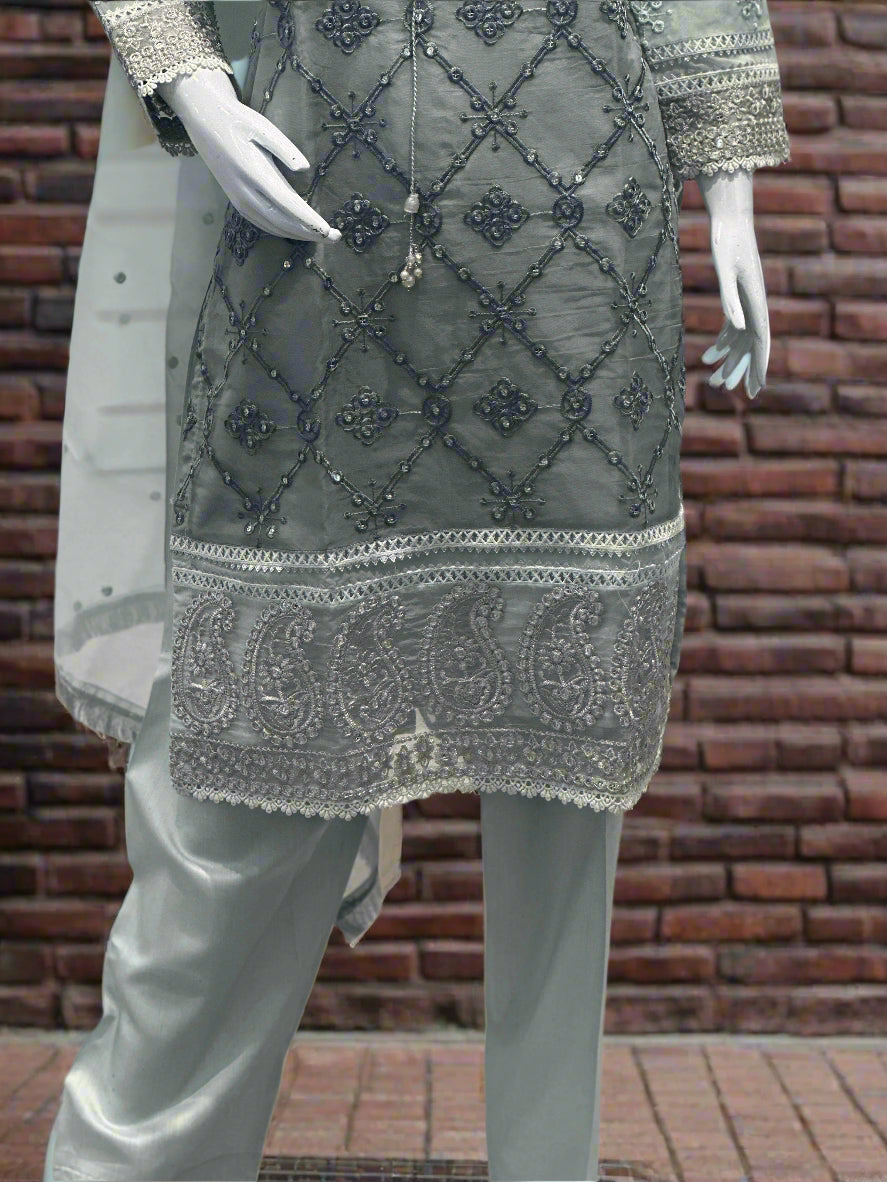 Greyish Green Embroidered Mirror Work Suit 3-Piece