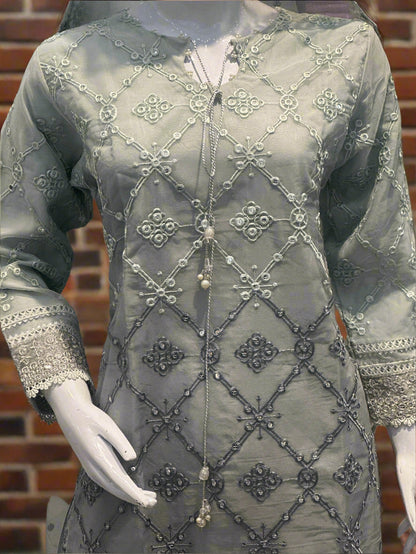 Greyish Green Embroidered Mirror Work Suit 3-Piece