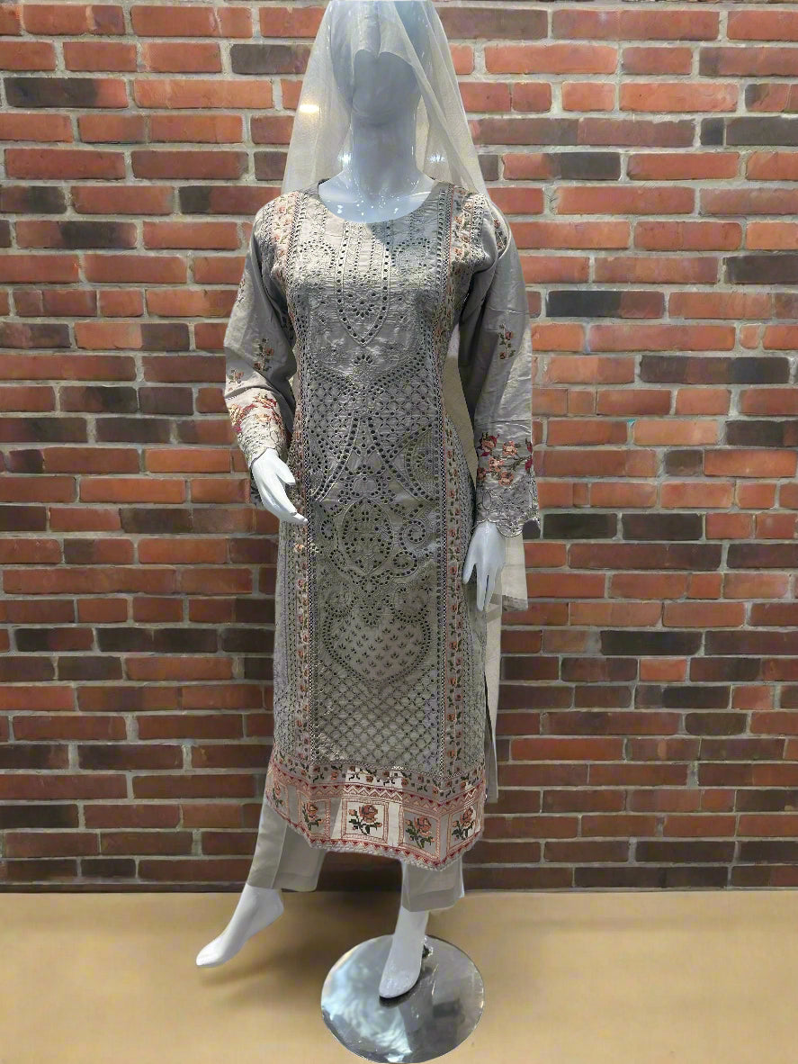 Elegant Grey Embroidered 3-Piece Dress