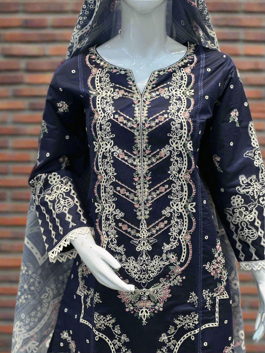 Elegant Navy Blue Embroidered Suit 3-Piece