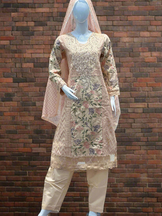 Chikankari Embroidered 3-Piece Suit with Floral Detailing