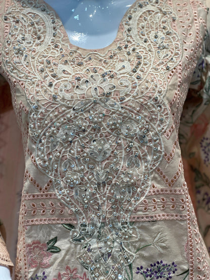 Chikankari Embroidered 3-Piece Suit with Floral Detailing