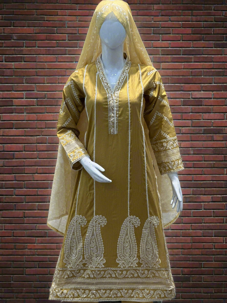 Mustard Cotton Jacquard Suit with Floral Dupatta 3-Piece