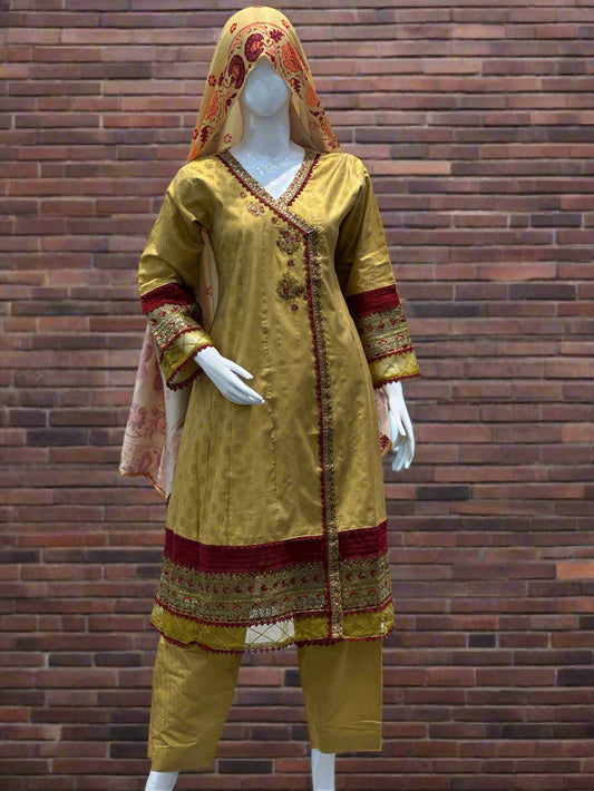 Elegant Mustard Anarkali Embroidered Suit 3-Piece