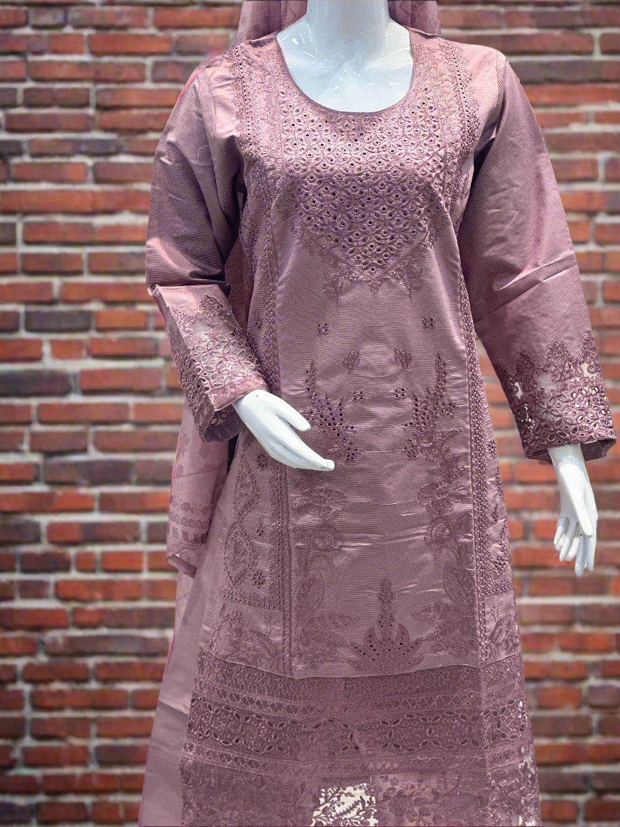 Mauve Khadi Chikankari Embroidered Suit 3-Piece