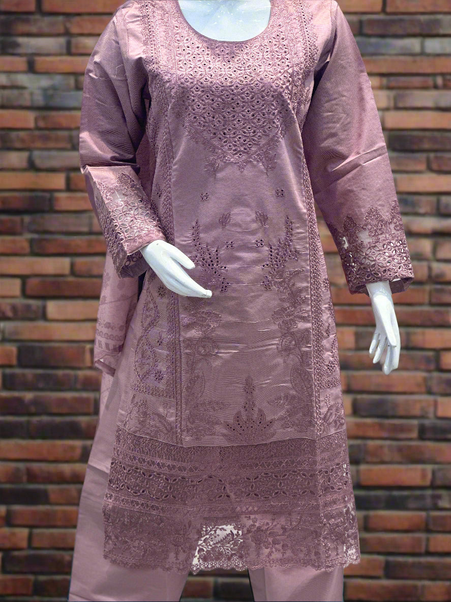 Mauve Khadi Chikankari Embroidered Suit 3-Piece