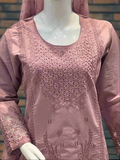 Mauve Khadi Chikankari Embroidered Suit 3-Piece