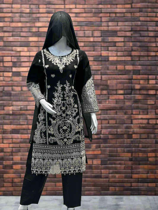 Black Embroidered Suit with Stone Accents 3-Piece