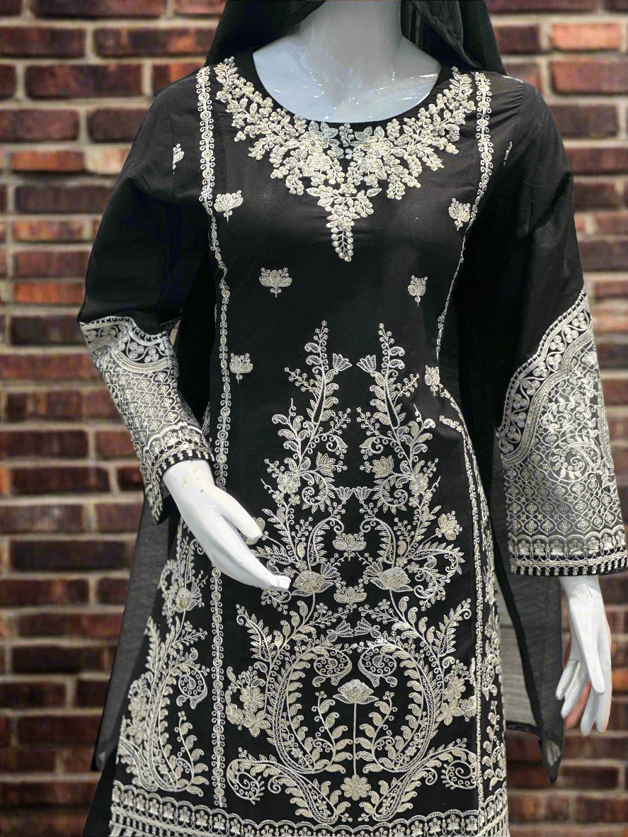 Black Embroidered Suit with Stone Accents 3-Piece