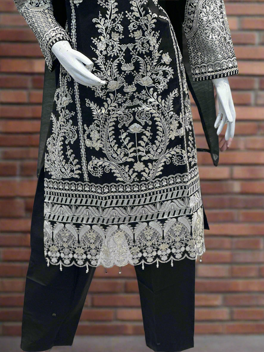 Black Embroidered Suit with Stone Accents 3-Piece