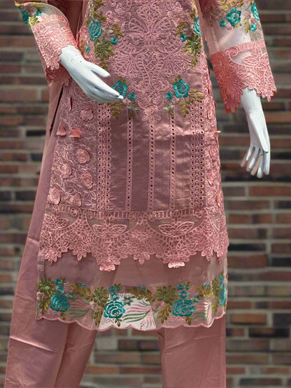 Elegant Embroidered Chikankari Suit with Floral Dupatta 3-Piece