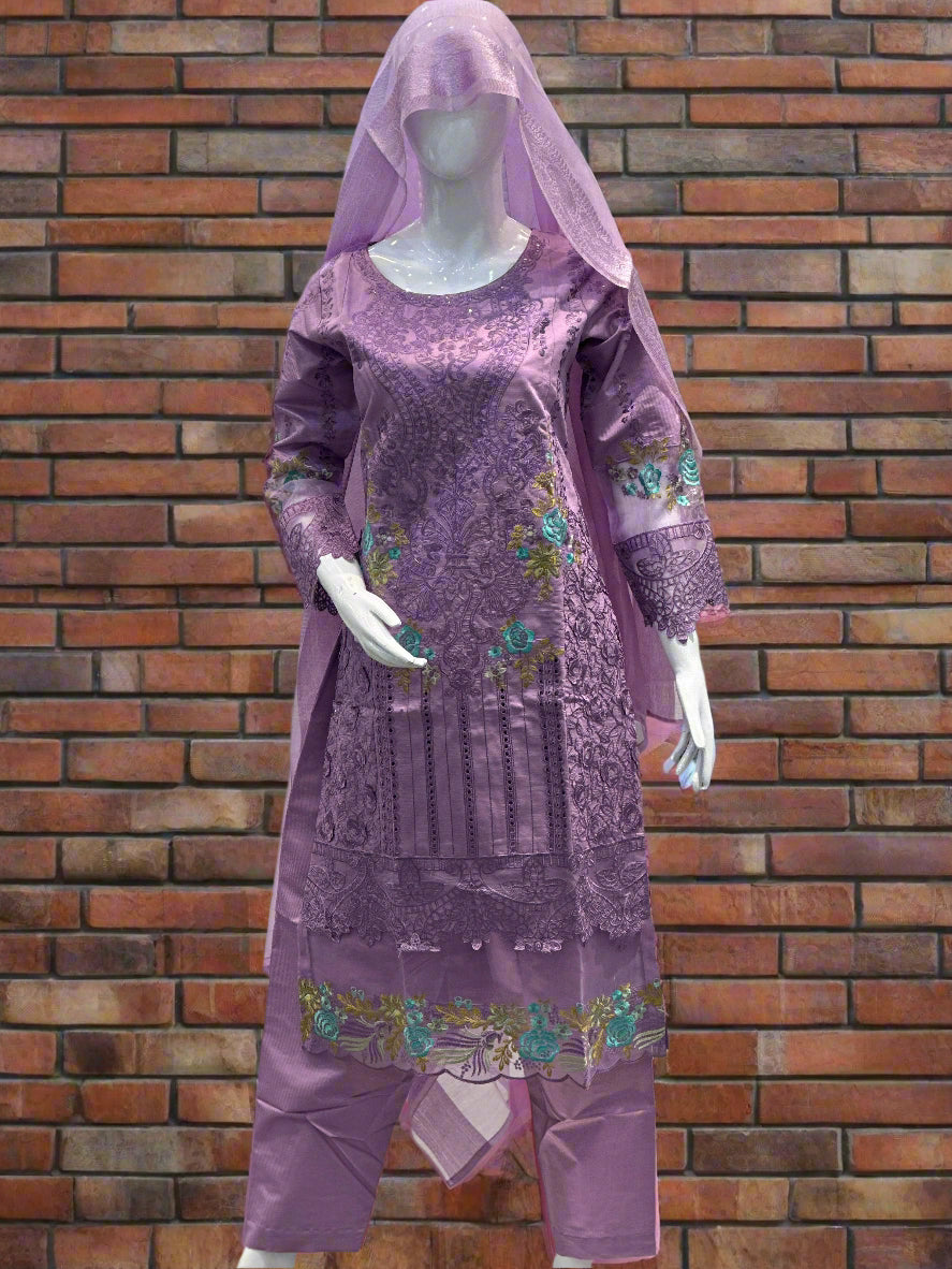 Lavender Chicken Kari Embroidered Suit 3-Piece