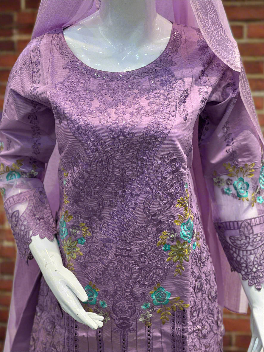 Lavender Chicken Kari Embroidered Suit 3-Piece