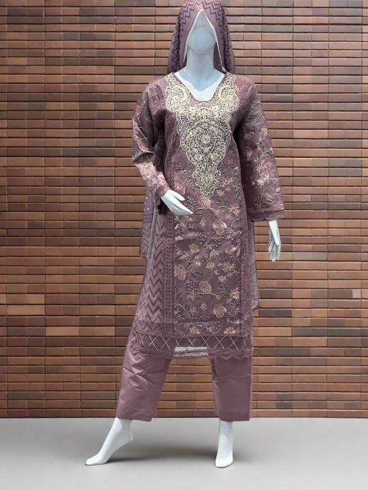 Mauve Chikankari Suit with Stonework & Floral Dupatta 3-Piece